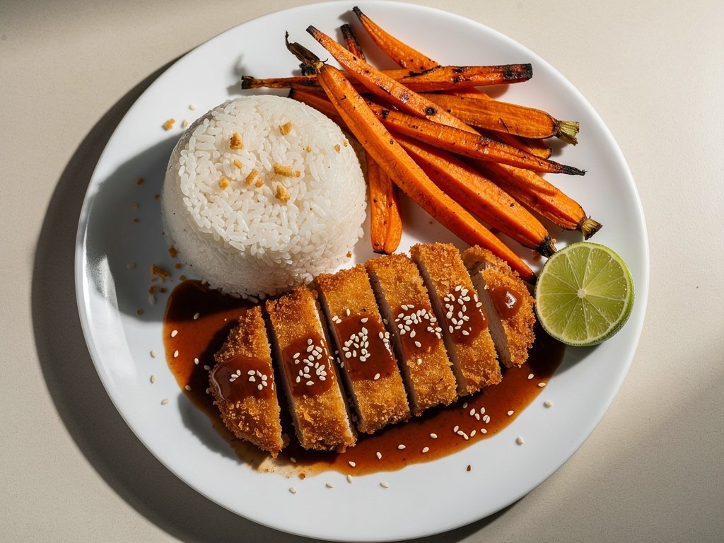 Crispy Panko Pork Cutlets with Hoisin Sriracha Sauce and Ginger Rice