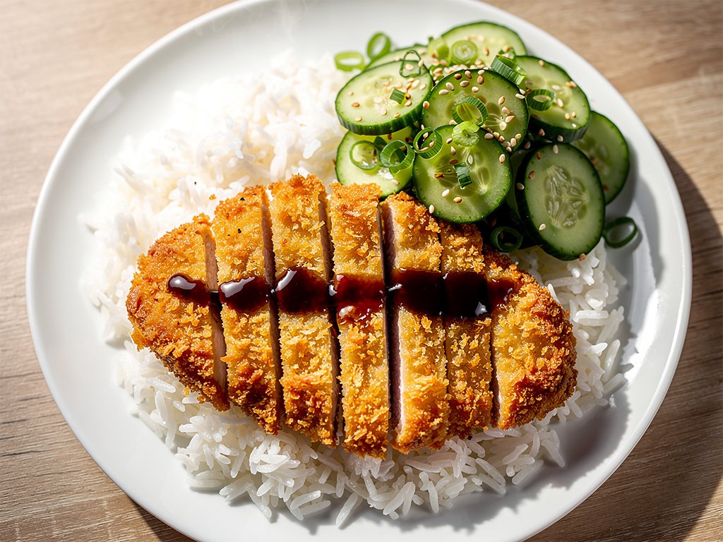 Crispy Panko Pork Cutlets with Sesame Cucumber Salad and Jasmine Rice