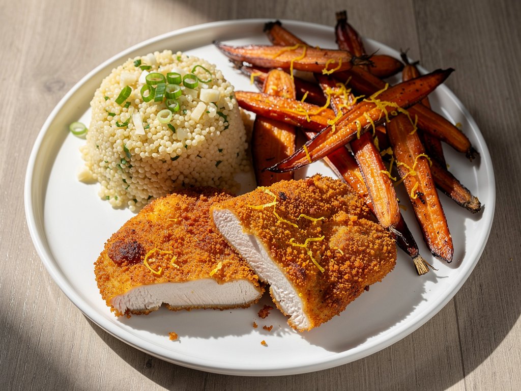 Crispy Parmesan Chicken with Garlic Scallion Couscous and Lemony Roasted Carrots