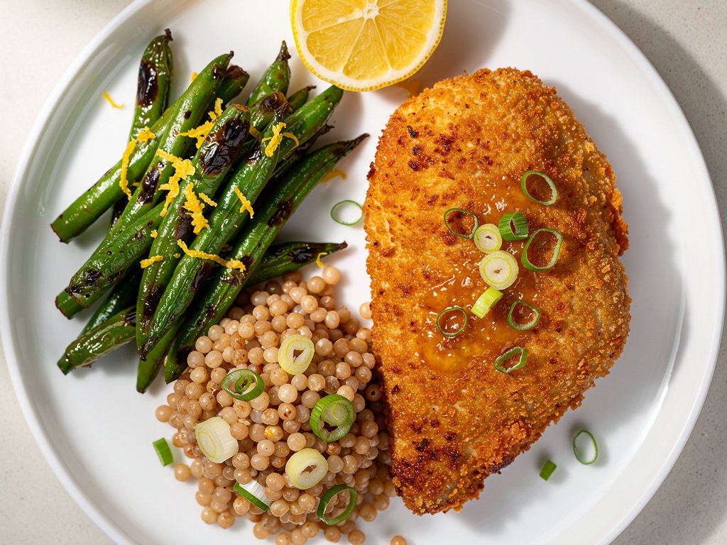 Crispy Parmesan Chicken with Garlic Herb Couscous and Lemony Green Beans