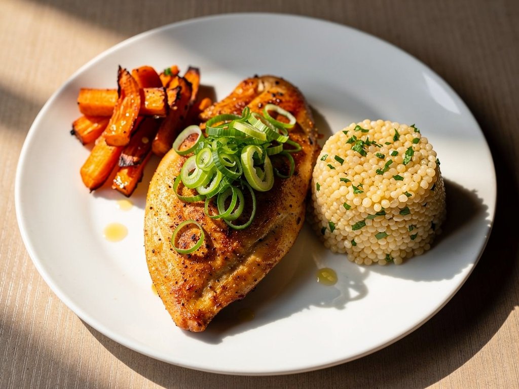 Crispy Parmesan Chicken with Lemon Roasted Carrots and Garlic Herb Couscous