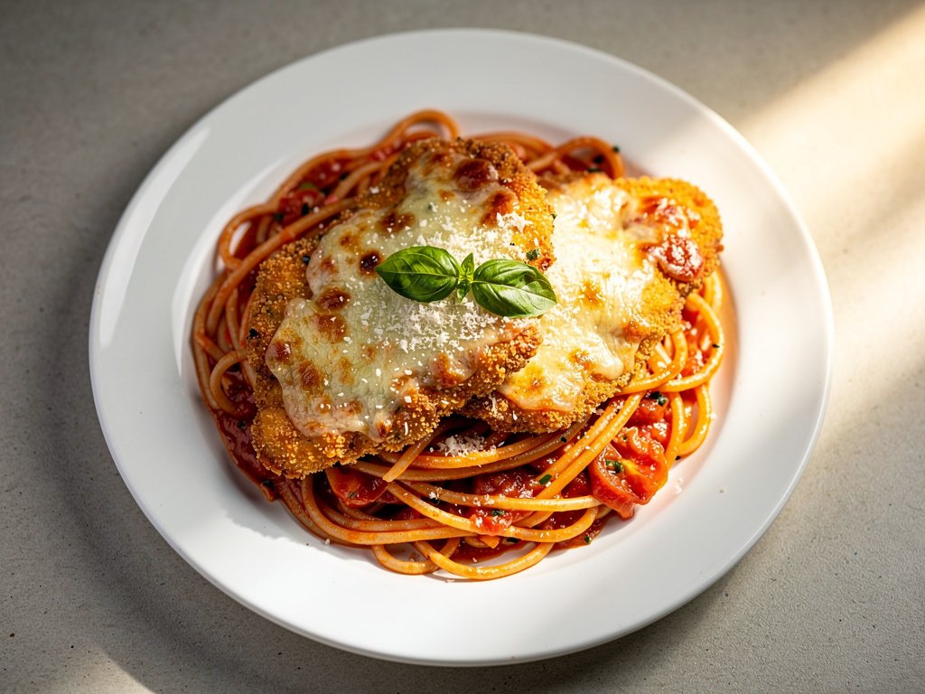 Crispy Parmesan Chicken with Spaghetti and Garlic Marinara