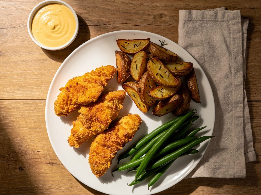 Crispy Parmesan Chicken Tenders with Rosemary Potato Wedges and Honey Mustard Sauce