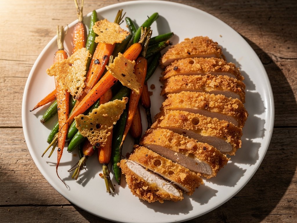 Crispy Parmesan-Crusted Chicken with Roasted Frico Veggies