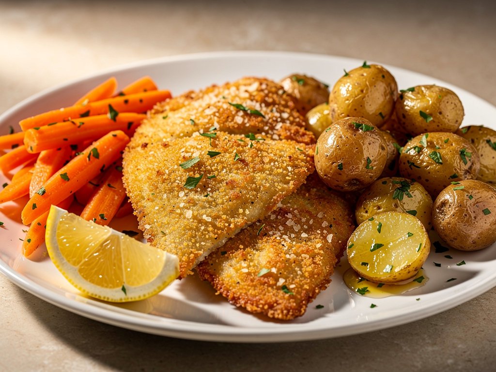 Crispy Parmesan Crusted Tilapia with Garlic Herb Potatoes and Carrots