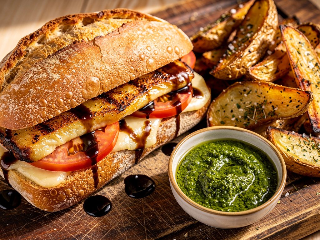 Crispy Pesto Grilled Cheese Sandwiches with Balsamic Tomato and Potato Wedges