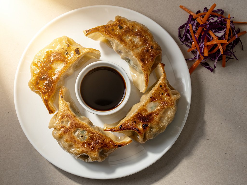 Crispy Pork Dumplings with Quick-Pickled Slaw and Soy Dipping Sauce