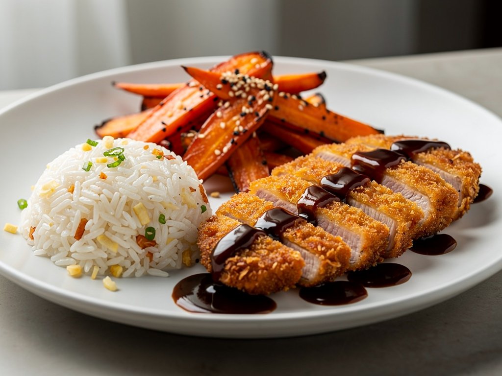 Crispy Pork Katsu with Ginger Rice and Sesame Carrots
