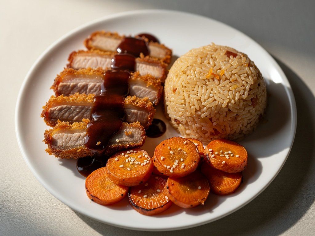 Crispy Pork Katsu with Ginger Rice and Sesame Carrots