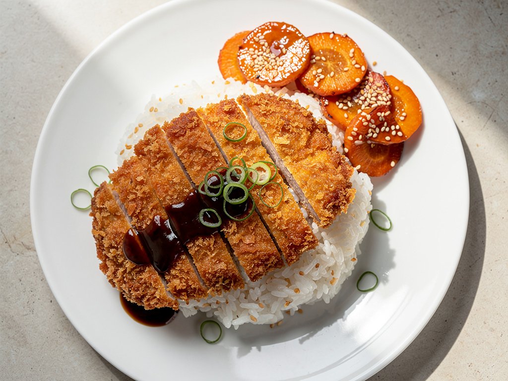 Crispy Pork Katsu with Ginger Rice and Sesame Carrots