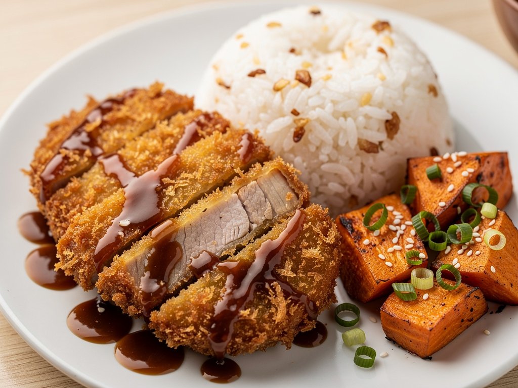 Crispy Pork Katsu with Ginger Rice and Sesame Carrots