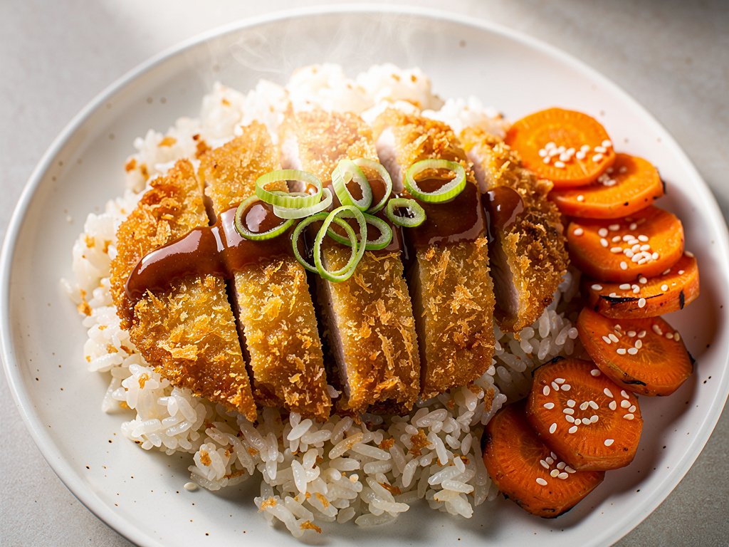 Crispy Pork Katsu with Ginger Rice and Sesame Carrots