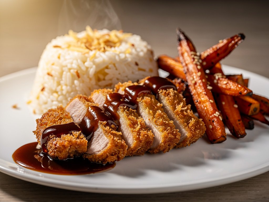 Crispy Pork Katsu with Ginger Rice and Sesame Roasted Carrots