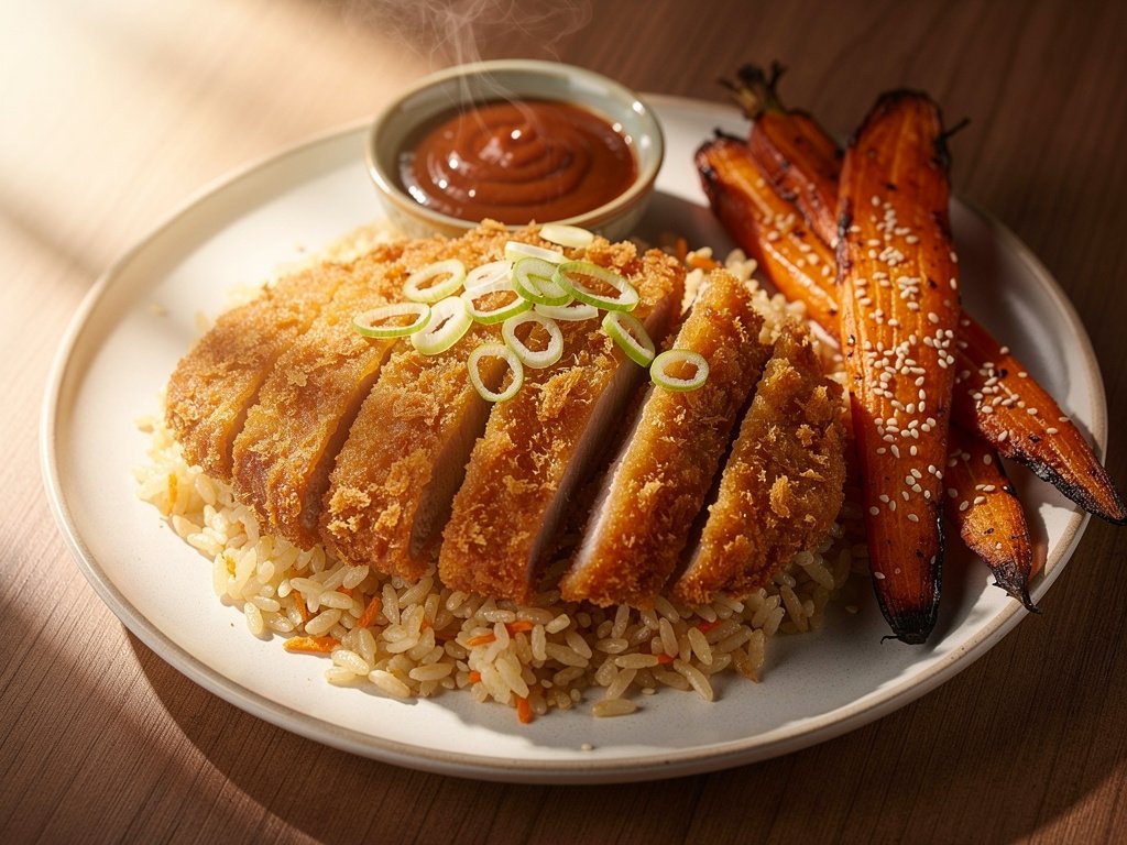 Crispy Pork Katsu with Ginger Rice and Sesame Roasted Carrots