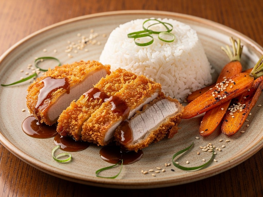 Crispy Pork Katsu with Ginger Rice and Sesame Carrots