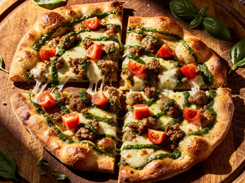 Crispy Pork Sausage Flatbreads with Tomato, Mozzarella & Pesto