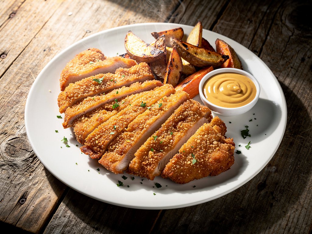 Crispy Pork Schnitzel with Roasted Vegetables and Creamy Honey Mustard Sauce