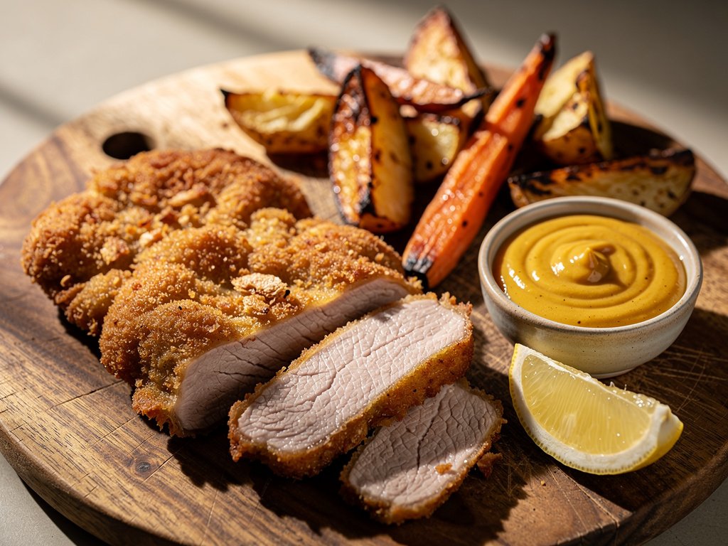 Crispy Pork Schnitzel with Roasted Vegetables and Creamy Honey Mustard Sauce