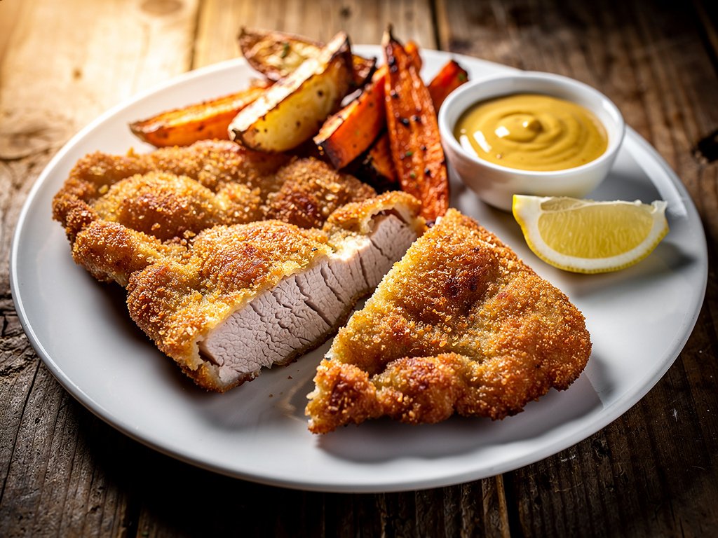 Crispy Pork Schnitzel with Roasted Veggies and Creamy Honey Mustard Sauce