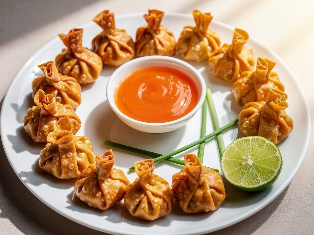 Crispy Pork Wonton Money Bags with Apricot Dipping Sauce