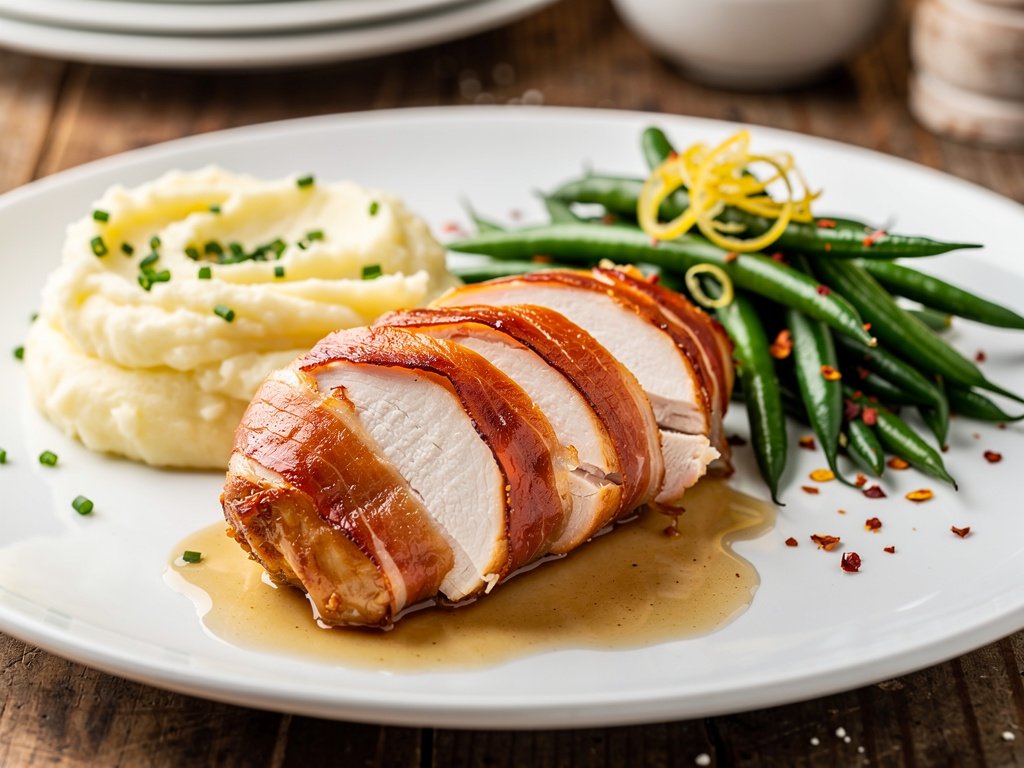 Crispy Prosciutto-Wrapped Chicken with Truffle Mashed Potatoes and Lemon Green Beans