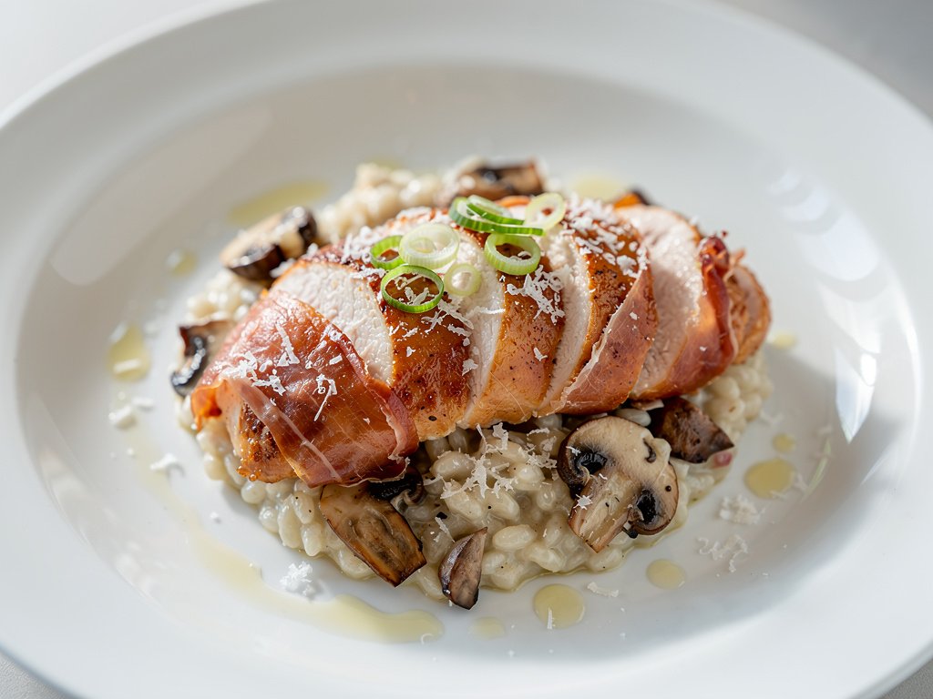 Crispy Prosciutto-Wrapped Chicken with Truffle Mushroom Risotto