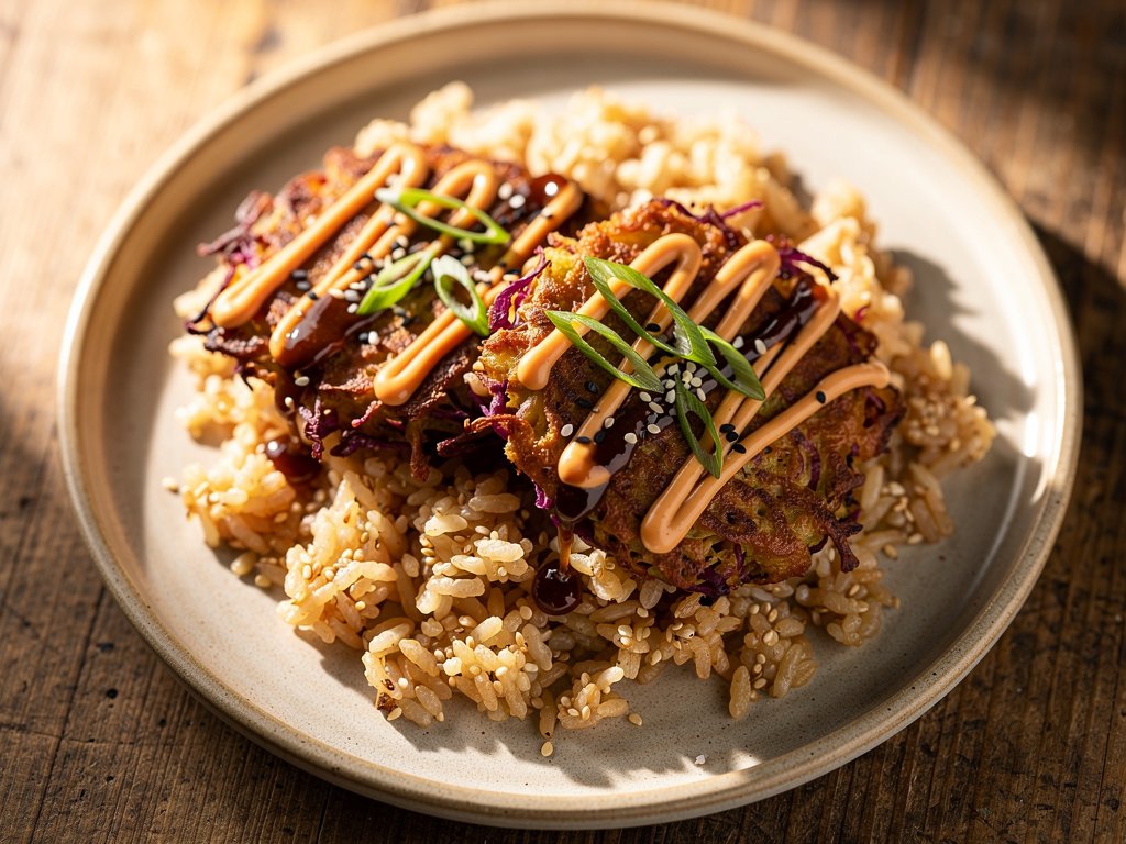 Crispy Red Cabbage Fritters with Ginger Rice and Spicy Hoisin Mayo