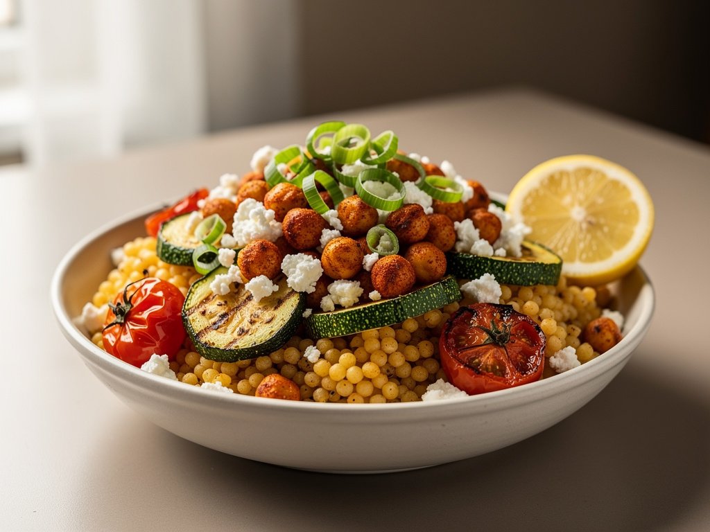 Crispy Roasted Chickpea and Israeli Couscous Bowl with Zucchini and Tomatoes