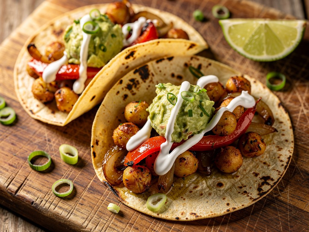 Crispy Roasted Chickpea Tacos with Bell Peppers and Guacamole