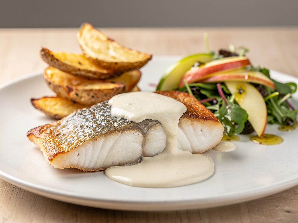 Crispy Seared Barramundi with Horseradish Sauce, Potato Wedges, and Apple Salad