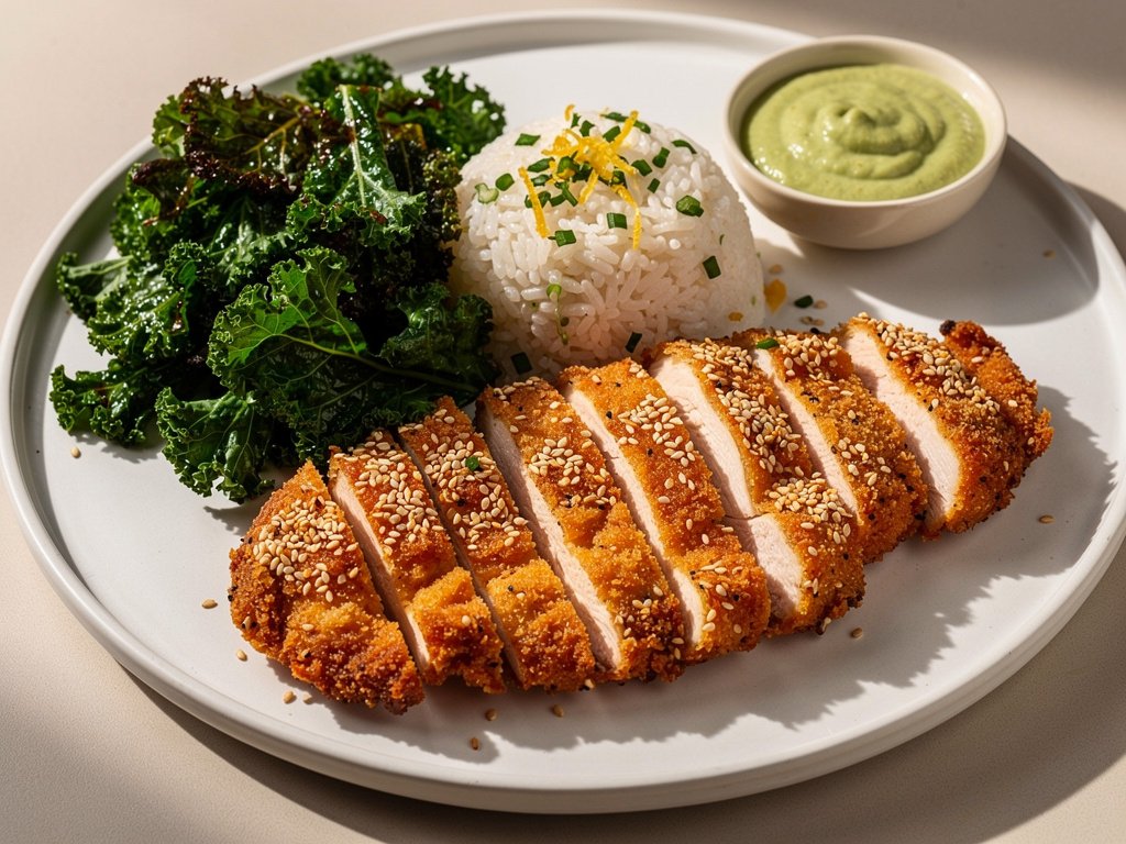 Crispy Sesame Panko Chicken with Garlic Kale and Ginger Lime Rice