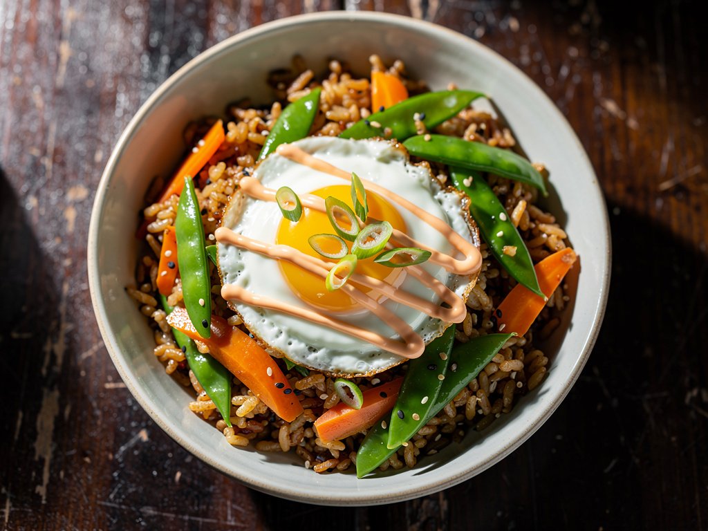 Crispy Sesame Soy Fried Rice with Carrots, Snap Peas, and Sriracha Mayo