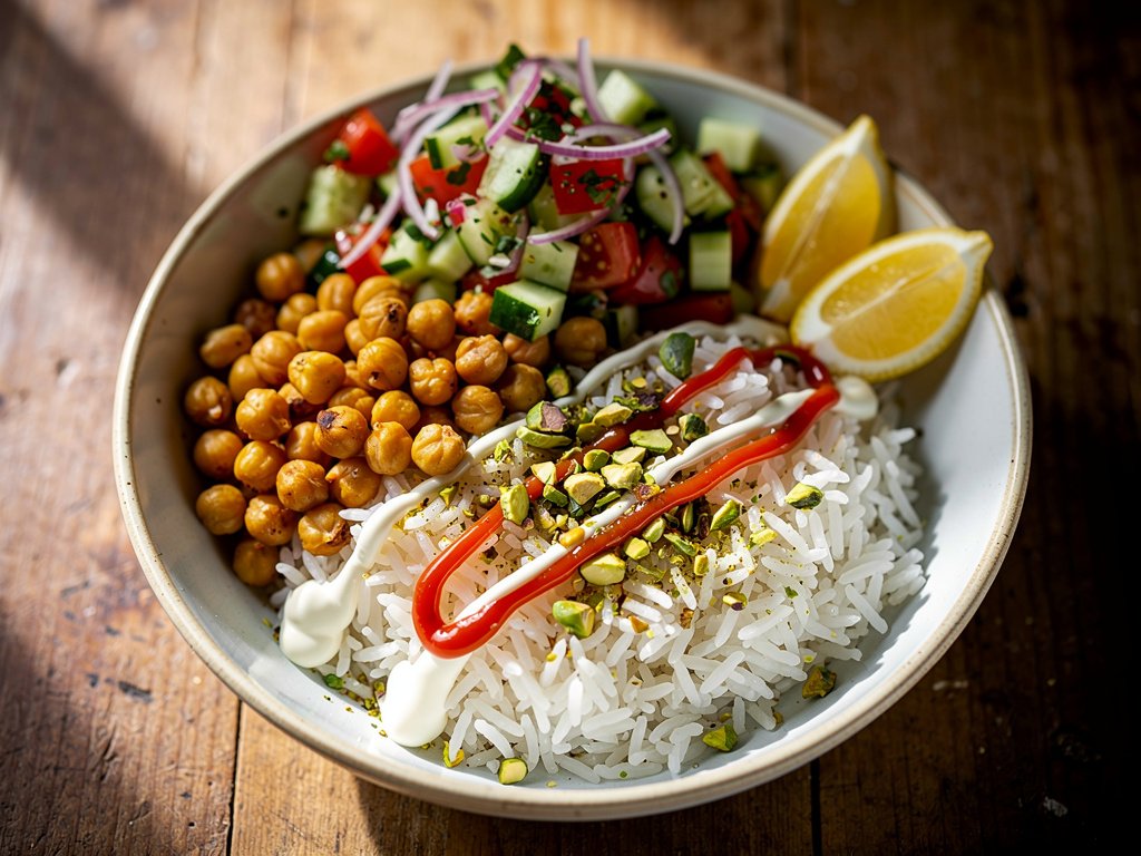 Crispy Shawarma-Spiced Chickpeas with Pistachio Rice and Cucumber Salad