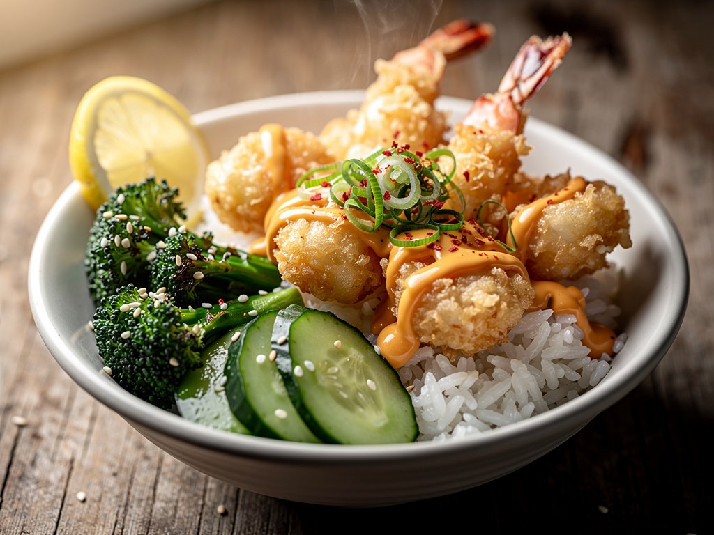Crispy Shrimp Tempura Bowls with Spicy Apricot Sauce and Sesame Broccoli