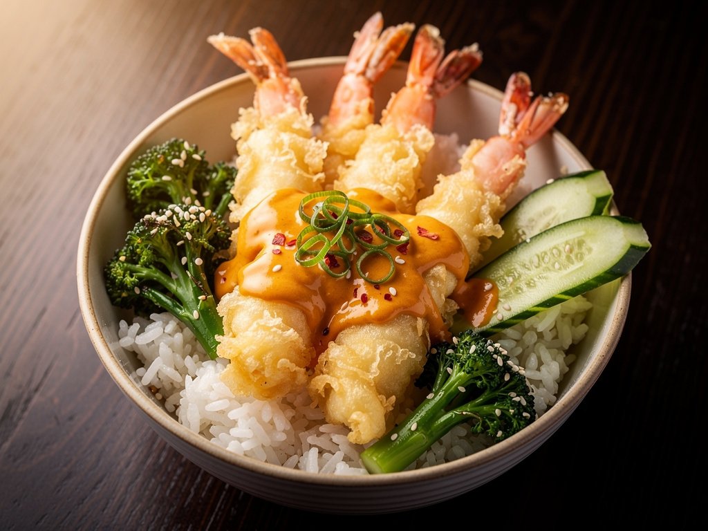 Crispy Shrimp Tempura Bowls with Spicy Sweet Sauce and Sesame Broccoli