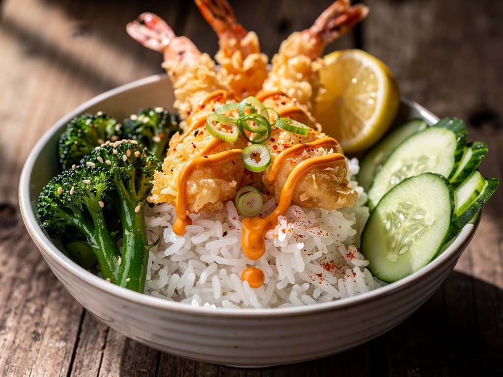 Crispy Shrimp Tempura Bowls with Spicy Apricot Sauce and Sesame Broccoli