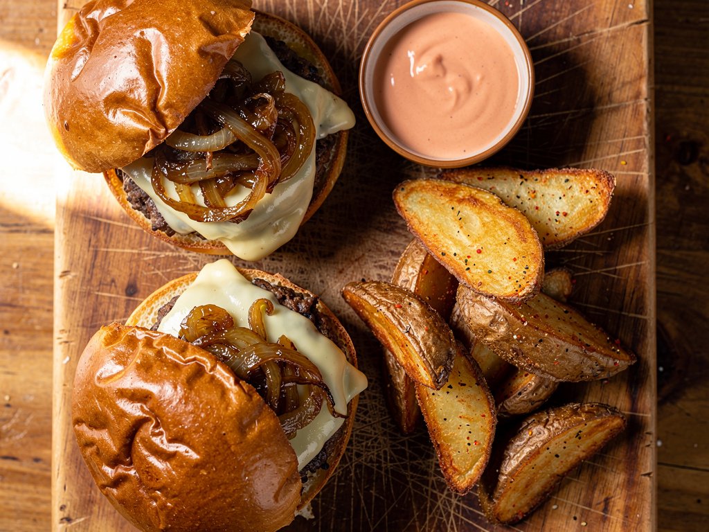 Crispy Smashed Beef Burgers with White Cheddar and Old Bay Fries