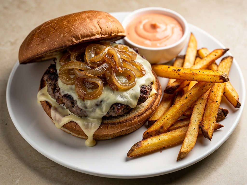 Crispy Smashed Burgers with Caramelized Onions and Old Bay Fries