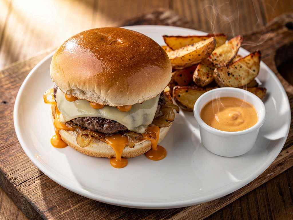 Crispy Smashed Burgers with White Cheddar, Caramelized Onion, and Old Bay Fries