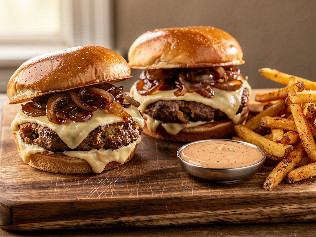 Crispy Smashed Burgers with White Cheddar, Caramelized Onions, and Old Bay Fries