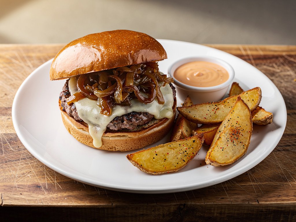 Crispy Smashed Burgers with White Cheddar, Caramelized Onions, and Old Bay Fries