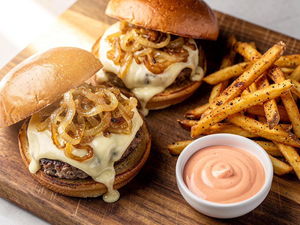 Crispy Smashed Cheddar Burgers with Old Bay Fries and Special Sauce