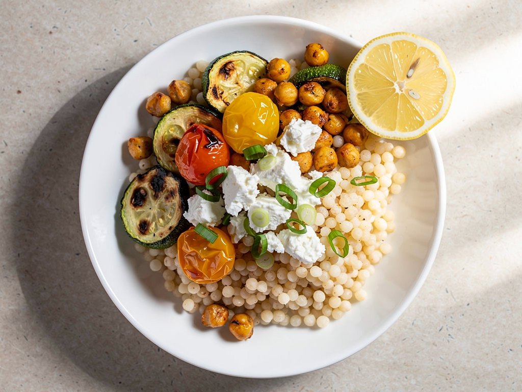 Crispy Smoked Paprika Chickpeas with Israeli Couscous and Roasted Vegetables