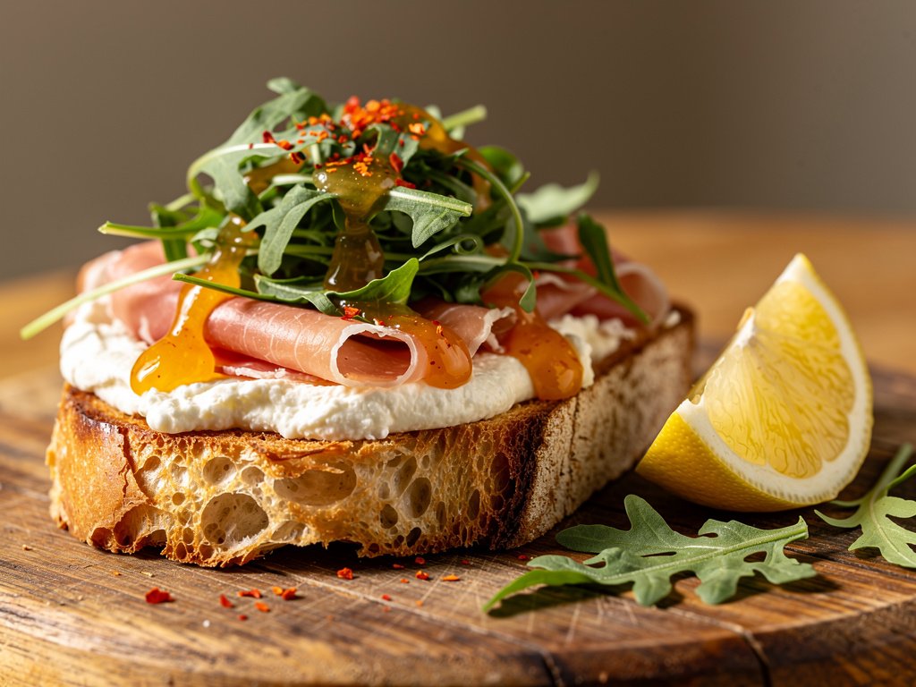 Crispy Sourdough Open-Faced Sandwiches with Prosciutto, Peach Jam & Ricotta