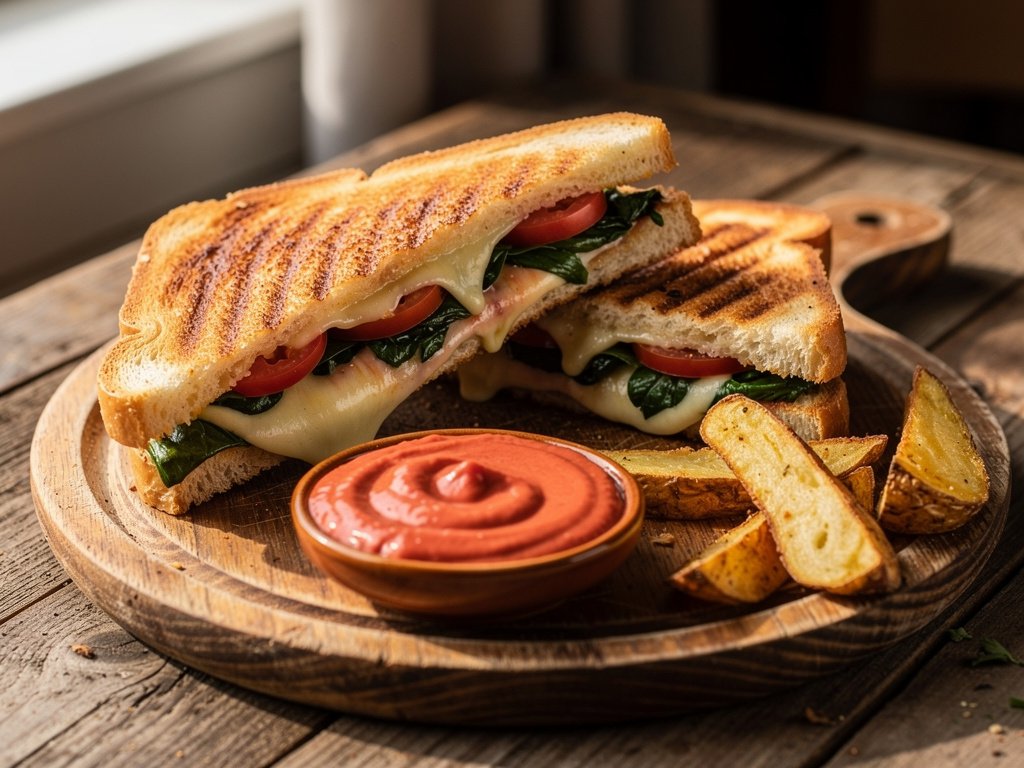 Crispy Sourdough Panini with Spinach, Tomato, Feta & Mozzarella