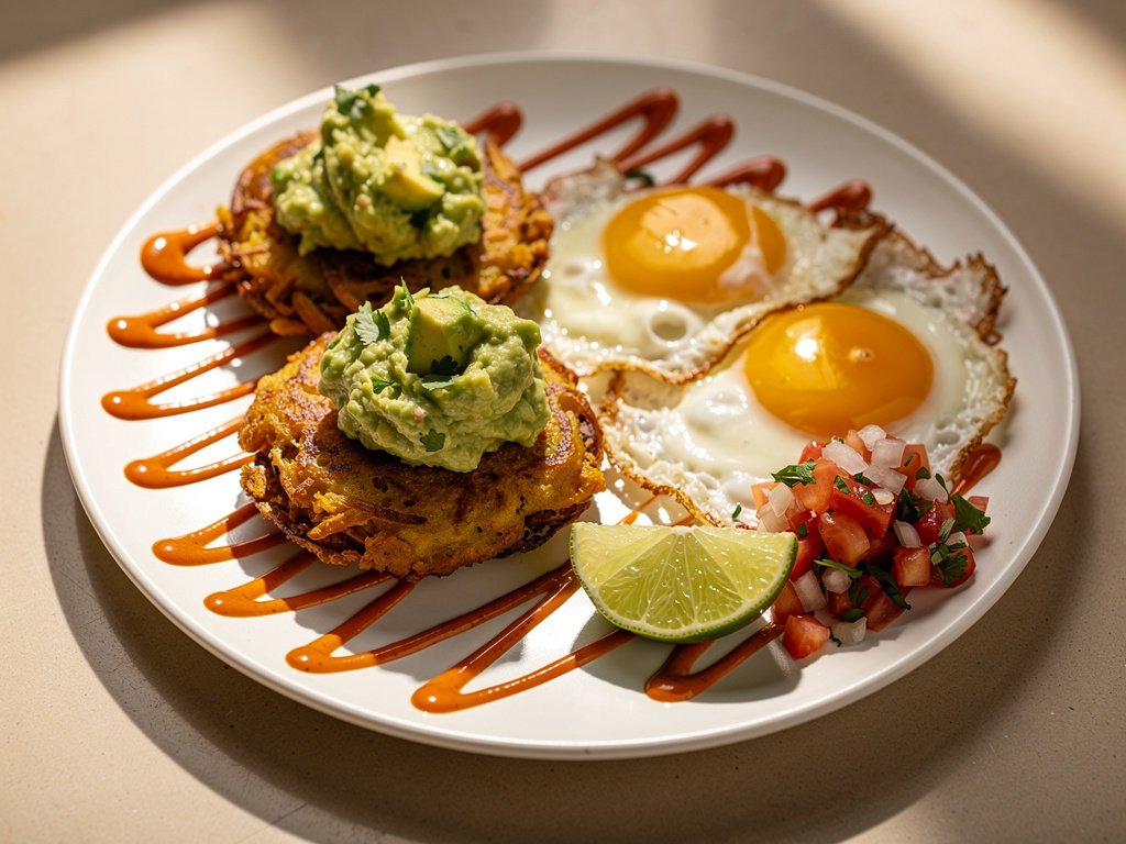 Crispy Southwest Potato Fritters with Fried Eggs and Guacamole
