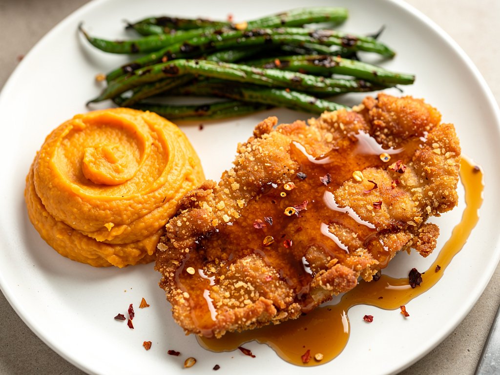 Crispy Spiced Chicken with Maple Glaze, Mashed Sweet Potatoes & Roasted Green Beans