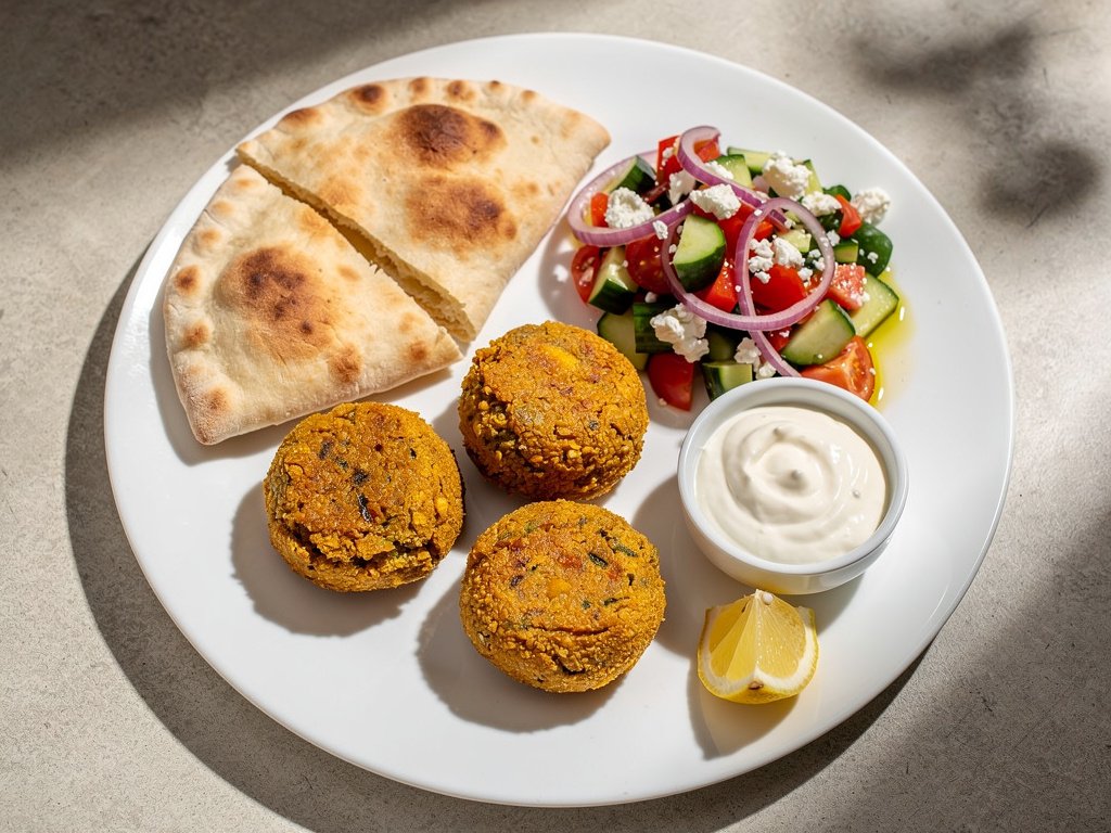 Crispy Spiced Chickpea Fritters with Greek Salad and Garlic Sauce
