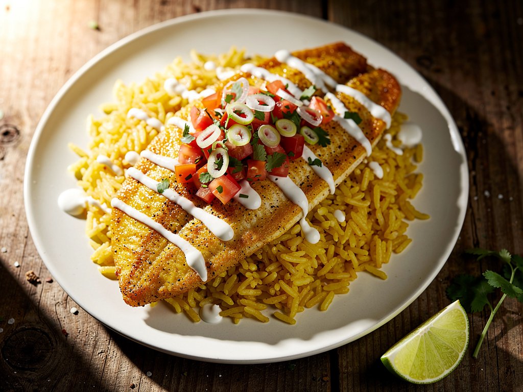 Crispy Spiced Rockfish with Yellow Rice and Salsa Fresca