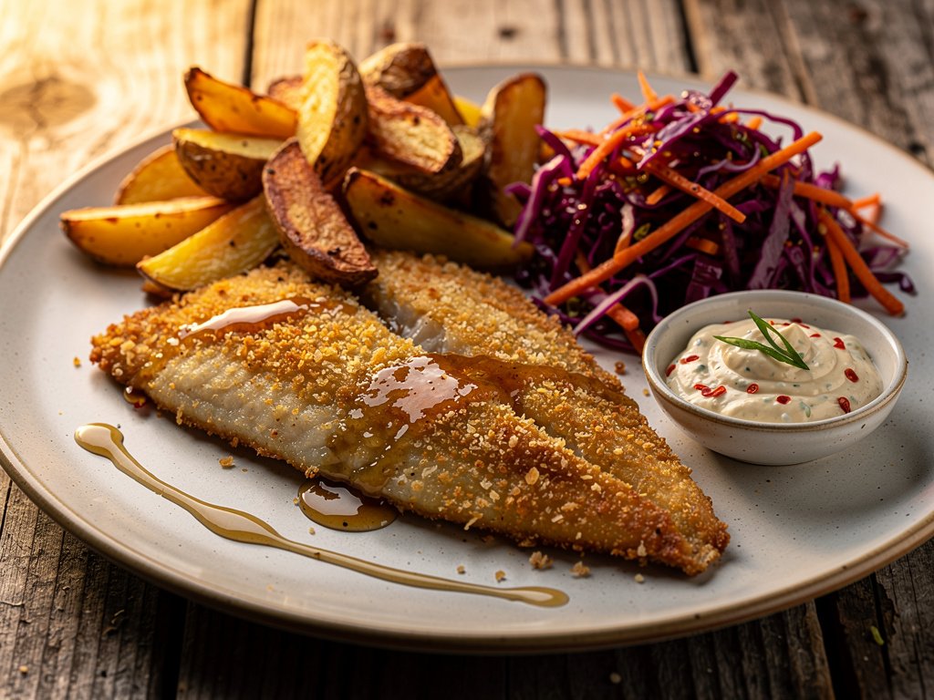 Crispy Spiced Tilapia with Potato Wedges and Red Cabbage Slaw